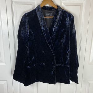Lucky Brand M Velvet Floral Blazer Jacket Double Breasted blue Black Velour